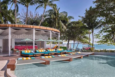Seen Beach Club converted bus lounge in daytime